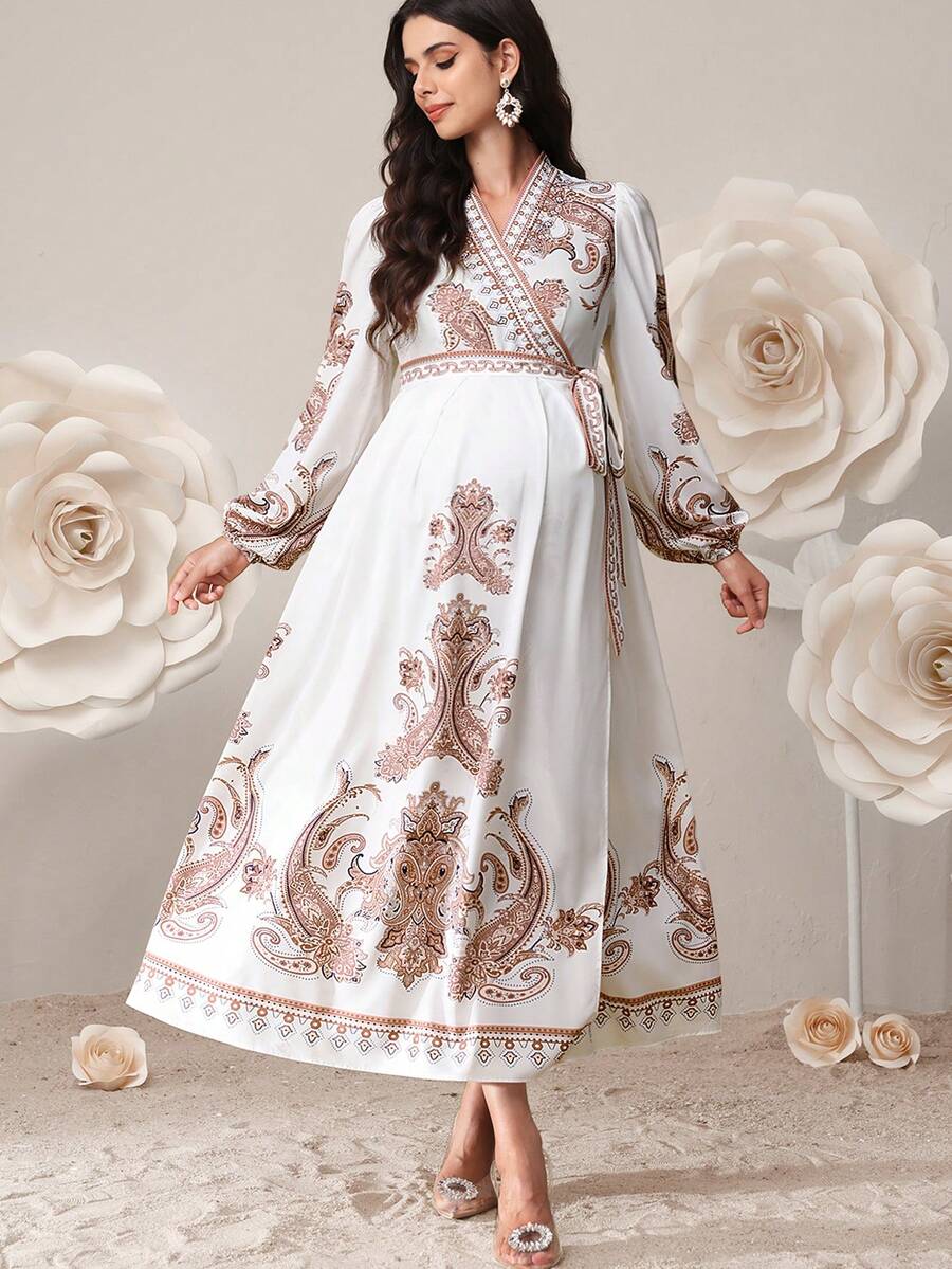 SHEIN Maternity Clothes White Elegant Pregnant Women Dress Autumn Paisley Print Tie-Wrap Long Sleeve Luxury Party Church Modest Boho Maternity Dress - White - View 1