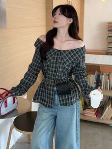 DAZY Women's Off-Shoulder Korean Style Plaid Long Sleeve Casual Blouse, Spring/Summer - Grey - View 1