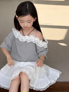 DAZY Young Girl' Casual Ruffle Trim Asymmetrical Shoulder Short Sleeve T-Shirt - Grey - View 9