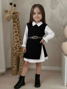 Emery Rose Kids Emery Rose Kids 女童可爱撞色二合一长袖连衣裙，秋冬款 - 黑與白 - 查看 2