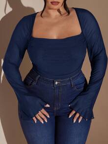 SHEIN BAE Bộ đồ liền thân dài tay màu tím thanh lịch cỡ lớn dành cho nữ, mùa thu/đông - Màu xanh hải quân - Xem 5