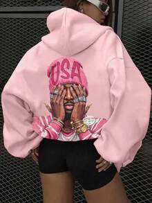 SHEIN EZwear 休闲简约印花图案连帽长袖宽松女式运动衫 - 淺粉色 - 查看 6