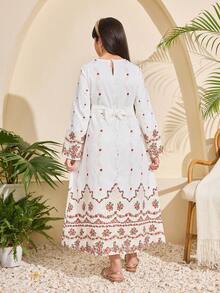 Tween Girl Floral Print Flare Sleeve Dress With Waist Tie And Ruffle Hem - White - View 2
