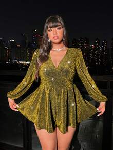 Viva Relle Plus Size V-Neck Long Sleeve Jumpsuit With Wide Legs - Gold - View 4
