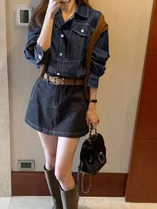 DAZY Vintage Style Lapel Button Down Cinched Waist Blue Casual Denim Dress For Women - Navy Blue - View 6