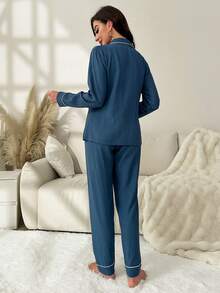 Lazeform Contrast Trim Long Sleeve Top & Pants Pajama Set, Winter Clothes - Dusty Blue - View 5