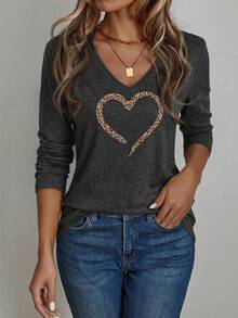 EMERY ROSE Women's Casual Everyday V-Neck Long Sleeve T-Shirt,Grey Leopard Print Heart Graphic Retro Minimalist Tee For Autumn,Spring Daily Commute - Dark Grey - View 1