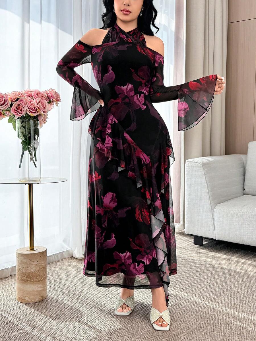 Modelyn 女士印花露背荷叶边收腰优雅长款派对连衣裙 - 玫紅色 - 查看 1