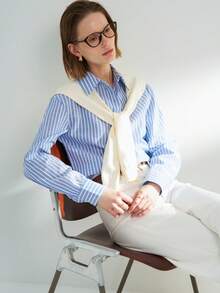 Airaco 女式条纹长袖单排扣休闲/工作衬衫 - 藍色 - 查看 2