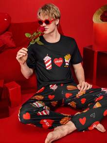 Notgurli Men's Simple Print Round Neck Short Sleeve Top And Pants Pajama Set - Multicolor - View 1