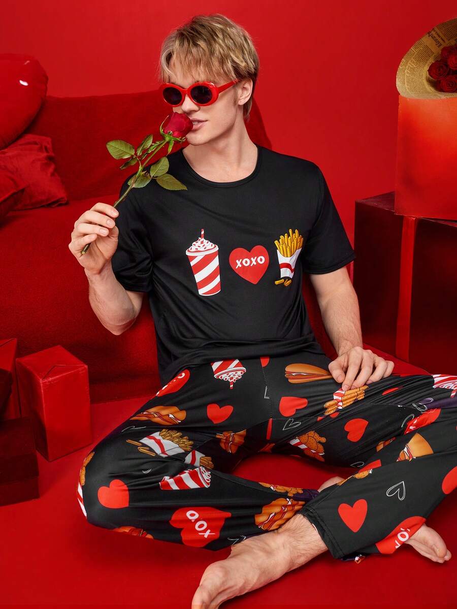 Notgurli Men's Simple Print Round Neck Short Sleeve Top And Pants Pajama Set - Multicolor - View 1