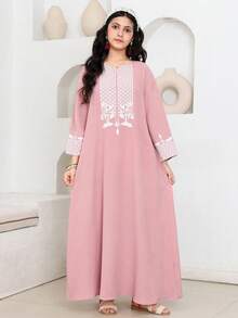 Teen Girl Casual Vacation Retro Print V-Neck Flare Long Sleeve Robe Robe, Pink - Pink - View 2