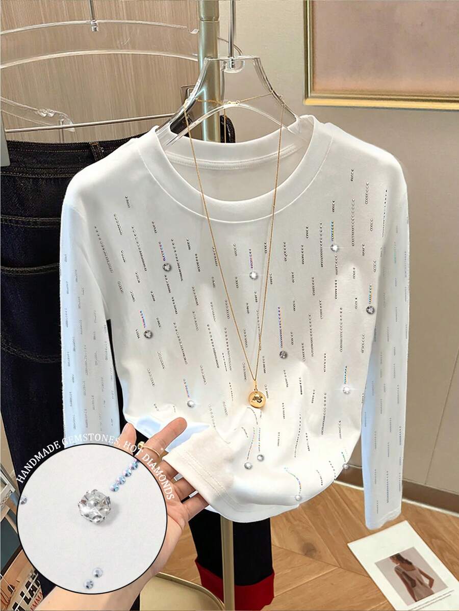 Resyla 女士常规短袖圆领T恤，饰有闪亮珠饰和水钻 - 白色 - 查看 1