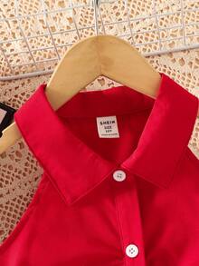 Sparklyn 少女纯色无袖前开襟休闲衬衫 - 紅色 - 查看 5