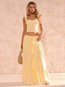 SHEIN Glamour 女士优雅性感浅黄色吊带背心+浪漫多层拼接蛋糕裙两件套，适合度假、休闲、约会和旅行穿着 - 淡黃色 - 查看 3