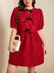 Comfylo 大码女士优雅褶皱提花蝴蝶结鸡尾酒会礼服 - 紅色 - 查看 7