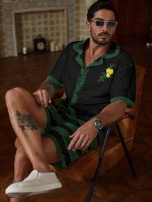 Manfinity CityGents 男士夏季沙滩度假针织衬衫和短裤套装 - 黑色 - 查看 1