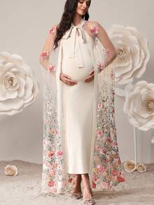 SHEIN Ensemble 2 pièces de vêtements de maternité avec châle en maille à broderie florale et robe tube ajustée, robe élégante d'été bleue à papillon pour femme enceinte invitée à un mariage - Nude - Voir 5