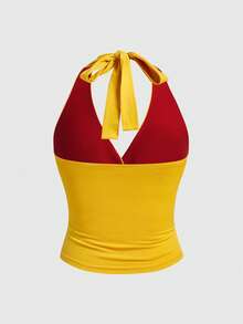 ROMWE Hippie 女士性感嬉皮音乐节无袖露背撞色破洞露脐上衣 - 黃色 - 查看 2