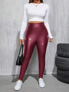 SHEIN Essnce Quần legging da PU co giãn màu đen, lót giữ nhiệt, thời trang thường ngày cho nữ cỡ lớn mùa thu đông, quần nữ, trang phục mùa đông, quần ôm dáng, thời trang đường phố, quần da, quần legging lông cừu, quần legging lót giữ nhiệt, quần legging ấm áp, quần tất nữ. - Màu Đỏ Sâu - Xem 5