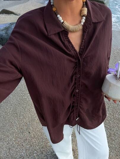 DAZY Women's Casual Solid Color Drawstring Button Trench Coat