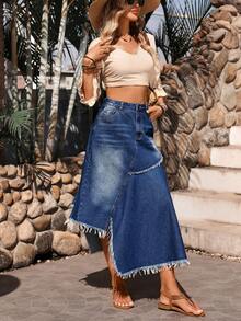 Breezaya Falda vaquera con bajo asimétrico para mujer - Azul lavado medio - Ver 6