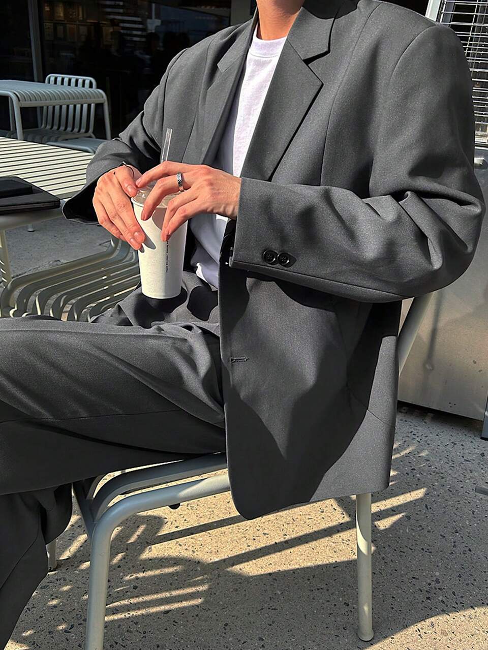 Men's Solid Dark Grey Suit Jacket And Pants Set, Spring/Autumn