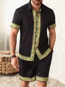 Manfinity RSRT Men's Summer Casual Floral Print Patchwork Front Button Short Sleeve Shirt And Shorts Set Men Jamaica Shirt Cuban Shirt Men Mexican Shirts For Men Boho Men Shirt - Black - View 5