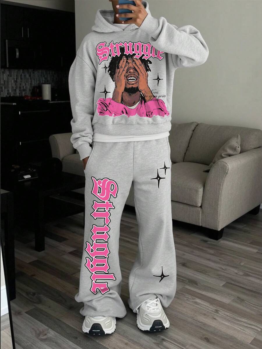 STEELVANCE 2pcs Men Portrait & Letter Graphic Print Casual Streetwear Hoodie & Sweatpants Set, Fall Men Clothes - Grey - View 1