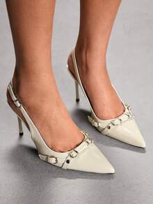 CUCCOO SZL 女士尖头搭扣设计日常通勤时尚高跟鞋 - 米色 - 查看 7