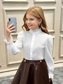 SHEIN 少女纯色荷叶边下摆休闲衬衫，优雅正式上衣，适合青少年女孩，女童校服衬衫 - 白色 - 查看 3