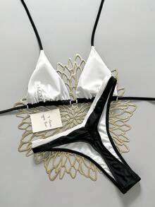 Bonvoyette Ensemble de bikini triangle classique noir et blanc, hauts-de-maillot de bain pour femmes. Maillot de bain sexy pour plage et villégiature, haute gamme pour vacances sur l'île