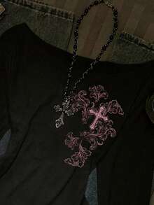 SHEIN EZwear 秋季新款宽松圆领斜肩荷叶边下摆长袖女式性感不对称肩交叉印花套头T恤 - 黑色 - 查看 3