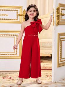 Young Girl Solid Color Knit Asymmetric Floral Jumpsuit