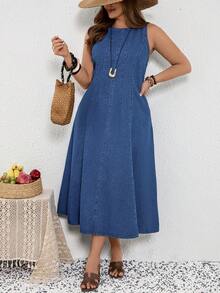 EMERY ROSE 大码女式夏季休闲度假日常通勤无袖收腰牛仔连衣裙 - 藍色 - 查看 4