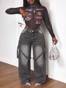 Slaydiva Plus Size Faded Fashion Wide Leg Jeans - Black - View 4