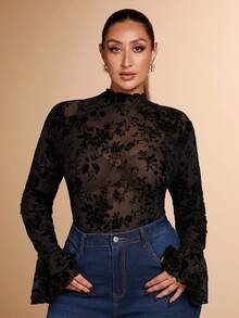 SHEIN BAE Plus Size Autumn And Winter Fashion Sexy And Elegant Women's Elastic See-Through Sweet Hot Girl Stand Collar Ruffled Cuffs See-Through Black Elastic Flocking Jacquard Mesh Bodysuit, Super Versatile, Can Be Worn Inside Or Outside - Black - View 5