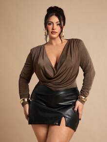 SHEIN BAE 大码女式纯色优雅深V领长袖连体衣 - 棕色 - 查看 4