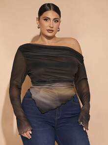 SHEIN X Phaith Montoya SHEIN BAE 大码秋季优雅性感甜美女士抽象渐变图案网纱印花不对称单肩方巾下摆喇叭长袖T恤上衣万圣节装扮约会装 - 彩色 - 查看 3