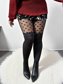 SHEIN EZwear 大码女式心形网纱拼接蝴蝶结装饰时尚打底裤 情人节 - 黑色 - 查看 10