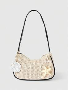 ROMWE Fairycore Bộ 1 túi xách đi biển móc len họa tiết hoa và phụ kiện, túi đeo vai thời trang cá tính dành cho nữ, phong cách nghỉ dưỡng biển (Bao gồm 1 túi và 1 bộ phụ kiện) - Túi đeo vai màu đen vỏ sò trắng - Xem 2