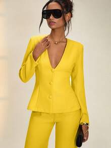 RueChic Women's Incaberry Yellow Suit Set – Fitted Waist Blazer With Self-Fabric Buttons, Long Sleeve, High Waisted Tailored Pants, Elegant Two Pieces Office Outfit - Yellow - View 8