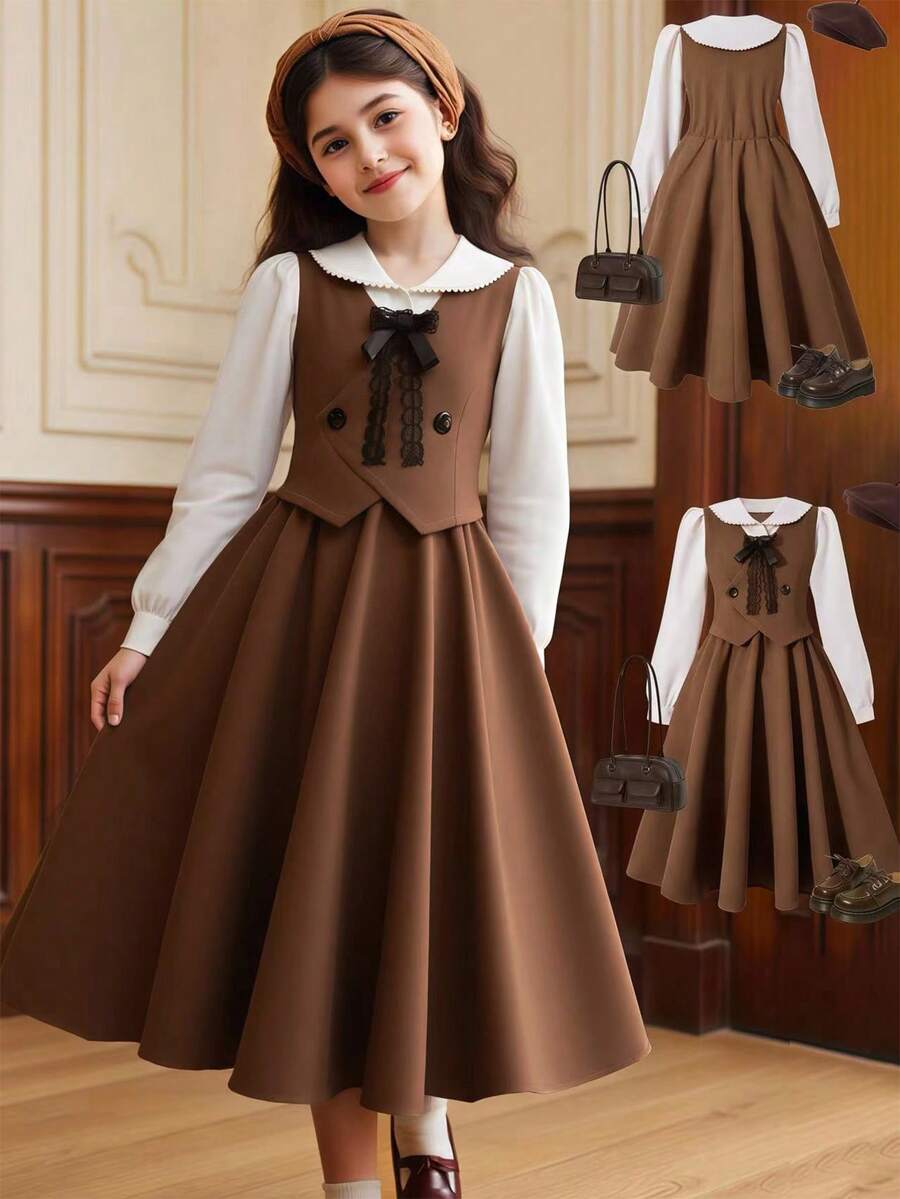 女童秋季灯芯绒撞色红杏色可拆卸珍珠流苏背带裙，优雅花卉领学院风休闲连衣裙 - 棕色 - 查看 1