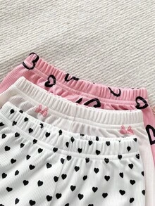 SHEIN Playful Pals 3套女宝宝可爱休闲夏季套装，心形蝴蝶结印花波点粉白罗纹短袖圆领T恤上衣和短裤套装，柔软弹力，适合女宝宝日常穿着，情人节礼物，女宝宝上衣套装，女宝宝心形套装，女宝宝休闲套装，女宝宝粉色服装 - 彩色 - 查看 5