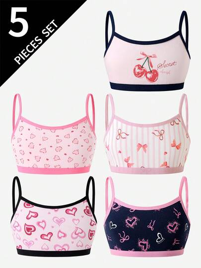 SHEIN 5件套女童爱心蝴蝶结简约可爱多色有机棉印花吊带背心套装