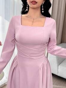 Feyla 女士纯色方领长袖腰部交叉设计优雅中长连衣裙 - 粉色 - 查看 2