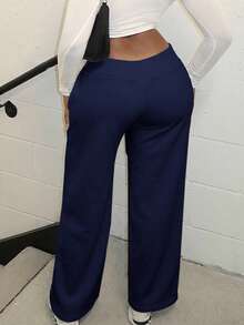 Alexandranx 舒适休闲纯色针织低腰阔腿女式运动裤 - 藏蓝色 - 查看 2