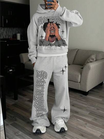 STEELVANCE مجموعة هوديي وبنطلون رياضي مطبوع عليها صورة رجل وحرف، ملابس رجالية كاجوال للشارع، ملابس خريفية