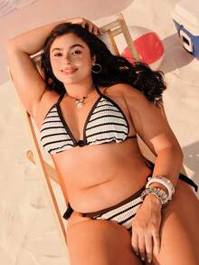 Swim Mod New Vintage Striped Textured Fabric Bikini Set, Contrast Color Summer Swimsuit Set, Plus Size Swimwear Set - Black and White - View 7