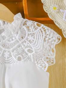 SHEIN Young Girls'  Contrast Lace Shiny Tape Cinching Waist Dress, Suitable For Summer - Yellow - View 4